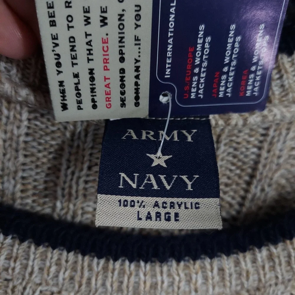Army Navy Sweater Mens Large Beige Acrylic Striped Sleeve Crewneck Knit Pullover